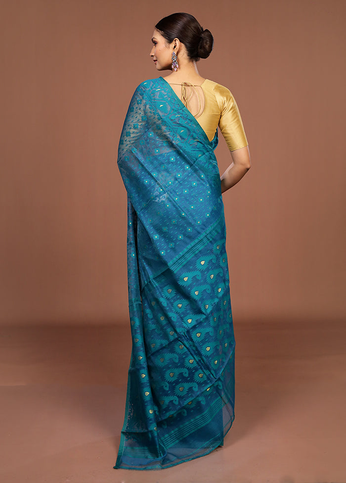 Blue Jamdani Cotton Saree Without Blouse Piece