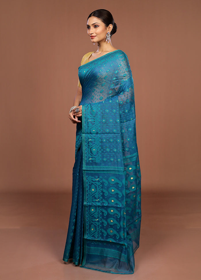 Blue Jamdani Cotton Saree Without Blouse Piece