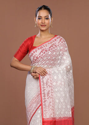 White Jamdani Cotton Saree Without Blouse Piece