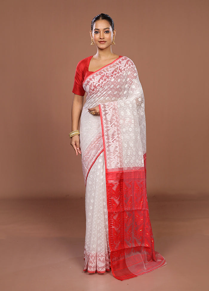 White Jamdani Cotton Saree Without Blouse Piece