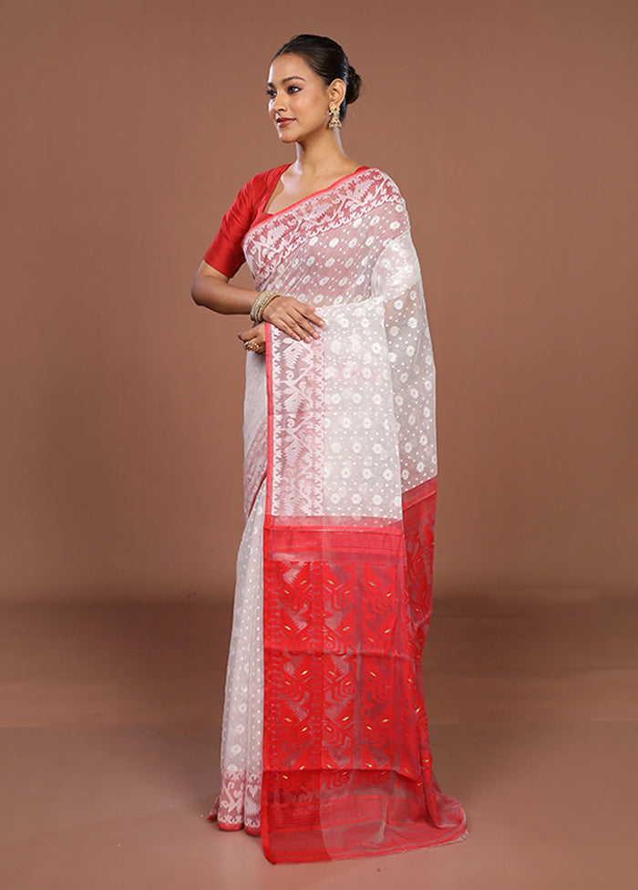 White Jamdani Cotton Saree Without Blouse Piece