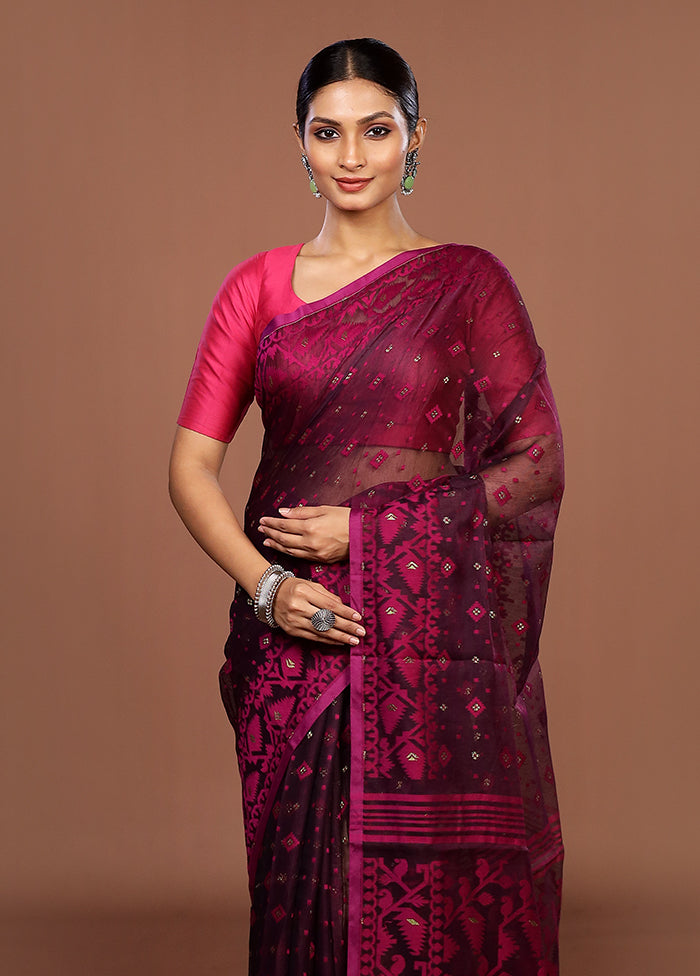 Purple Jamdani Cotton Saree Without Blouse Piece