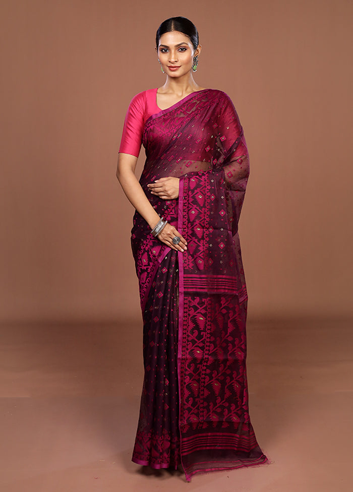 Purple Jamdani Cotton Saree Without Blouse Piece