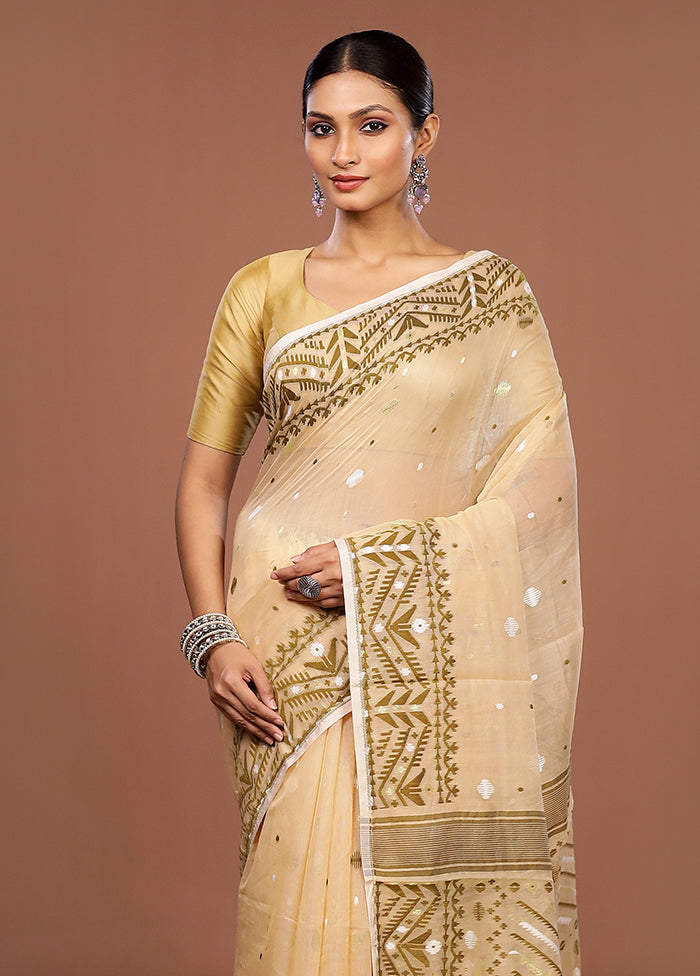 Cream Jamdani Cotton Saree Without Blouse Piece