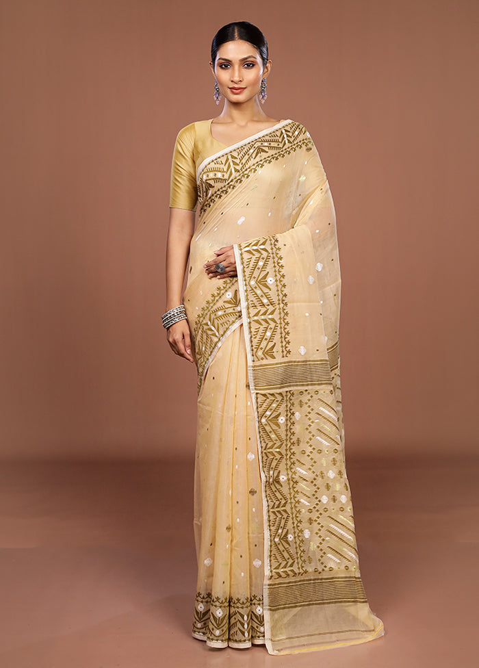 Cream Jamdani Cotton Saree Without Blouse Piece