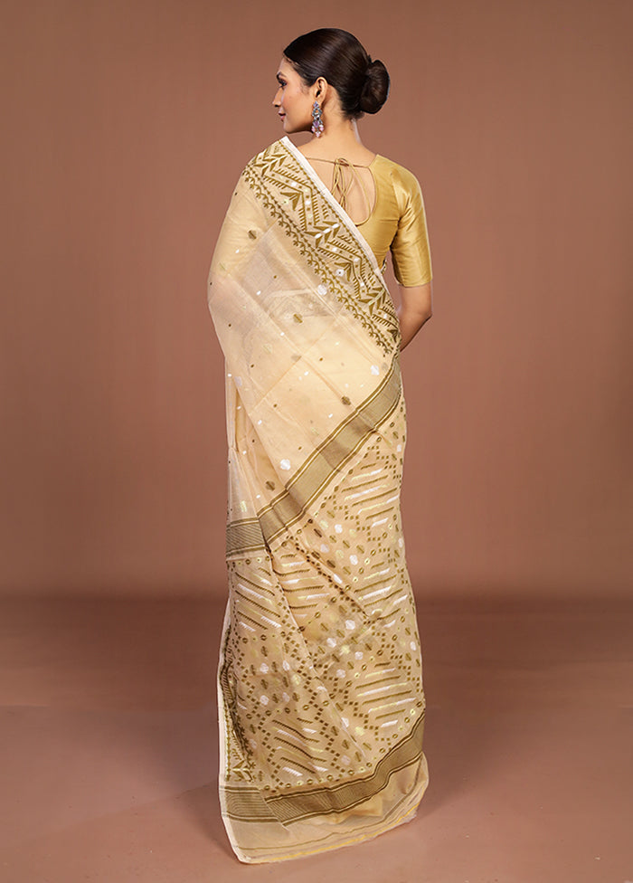 Cream Jamdani Cotton Saree Without Blouse Piece