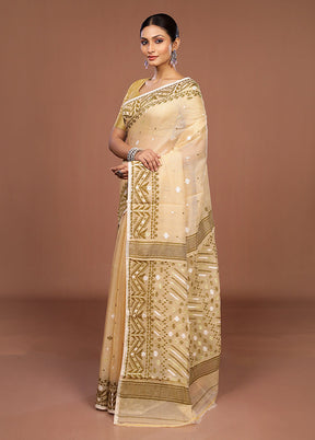 Cream Jamdani Cotton Saree Without Blouse Piece
