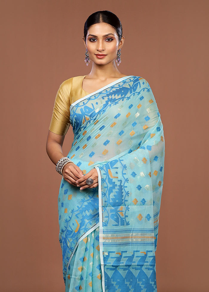 Blue Jamdani Cotton Saree Without Blouse Piece