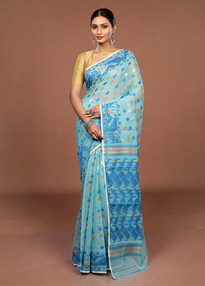 Blue Jamdani Cotton Saree Without Blouse Piece