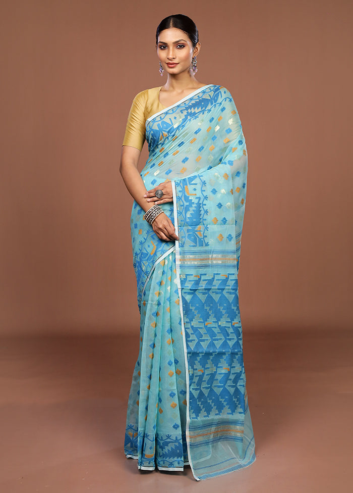 Blue Jamdani Cotton Saree Without Blouse Piece