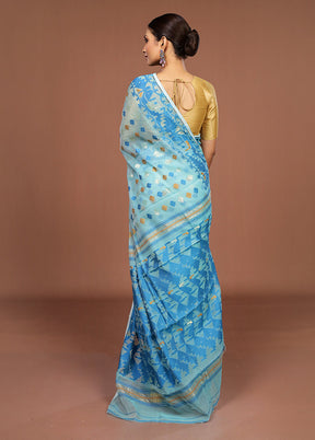 Blue Jamdani Cotton Saree Without Blouse Piece