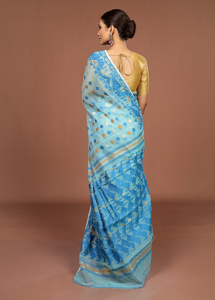 Blue Jamdani Cotton Saree Without Blouse Piece