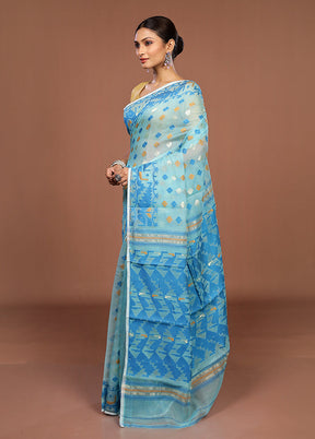 Blue Jamdani Cotton Saree Without Blouse Piece