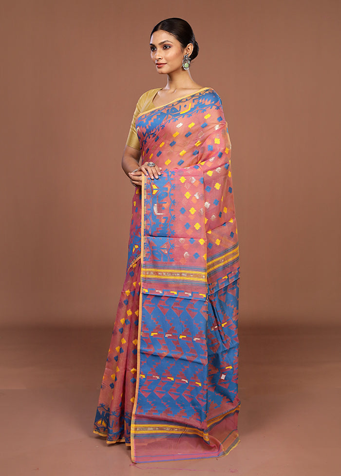 Pink Jamdani Cotton Saree Without Blouse Piece