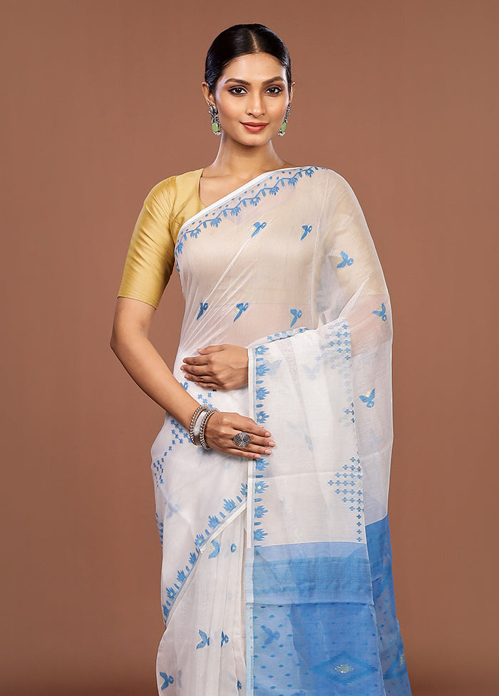 Blue Jamdani Cotton Saree Without Blouse Piece
