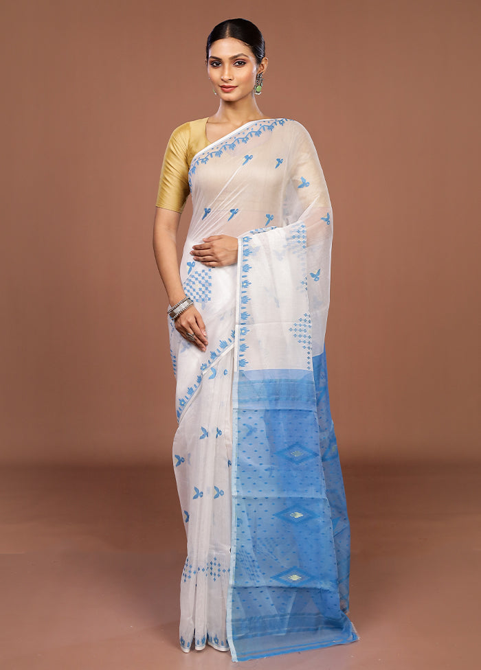 Blue Jamdani Cotton Saree Without Blouse Piece