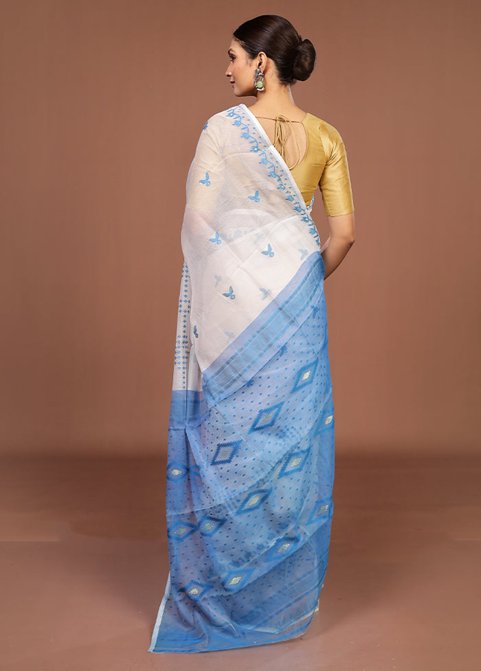 Blue Jamdani Cotton Saree Without Blouse Piece