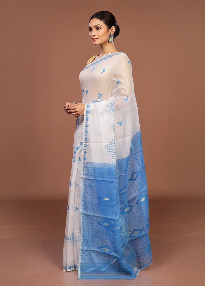 Blue Jamdani Cotton Saree Without Blouse Piece