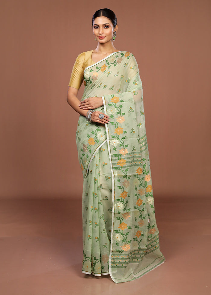 Green Jamdani Cotton Saree Without Blouse Piece