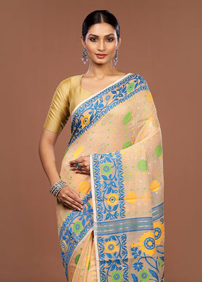Cream Jamdani Cotton Saree Without Blouse Piece