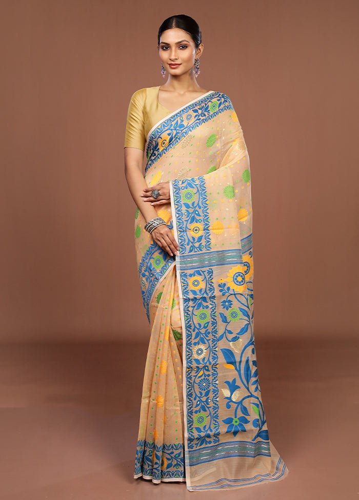 Cream Jamdani Cotton Saree Without Blouse Piece