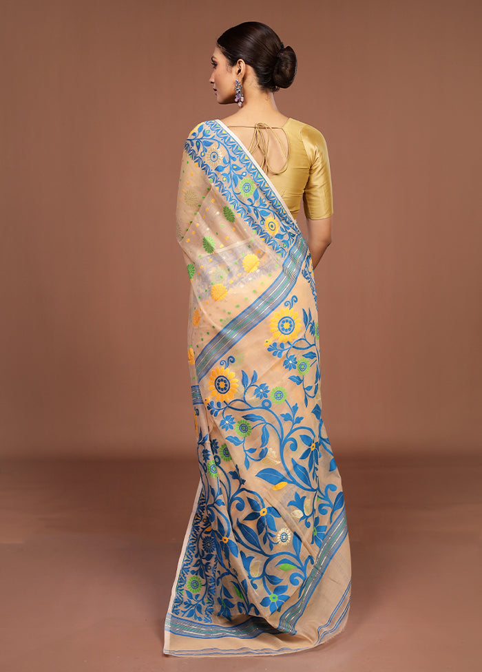 Cream Jamdani Cotton Saree Without Blouse Piece