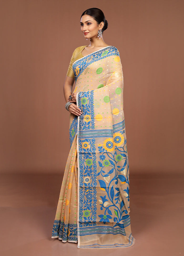 Cream Jamdani Cotton Saree Without Blouse Piece