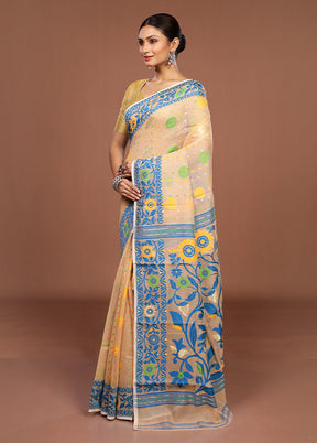 Cream Jamdani Cotton Saree Without Blouse Piece