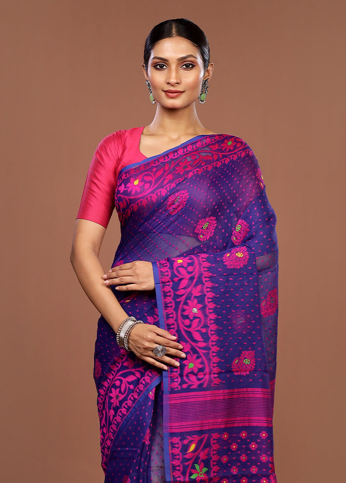 Blue Jamdani Cotton Saree Without Blouse Piece