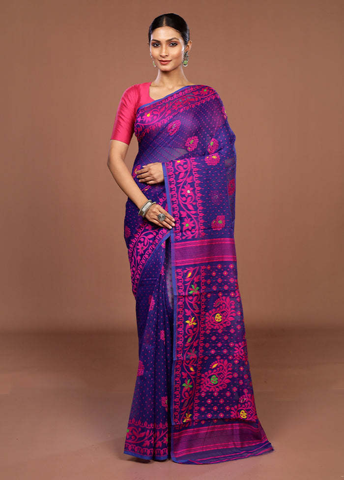 Blue Jamdani Cotton Saree Without Blouse Piece