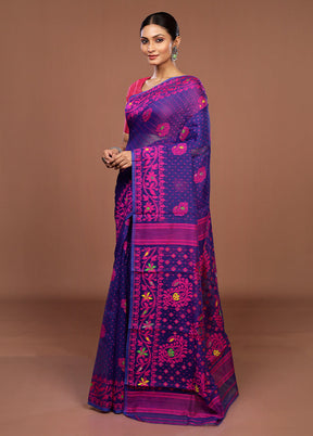 Blue Jamdani Cotton Saree Without Blouse Piece