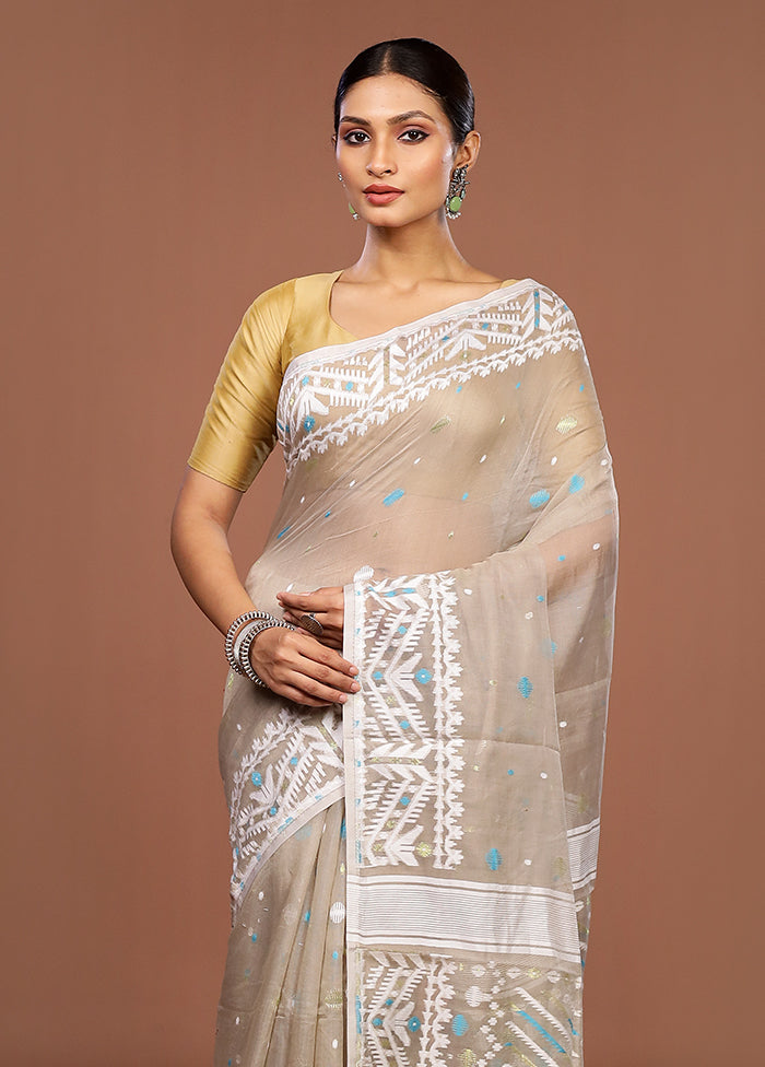 Grey Jamdani Cotton Saree Without Blouse Piece