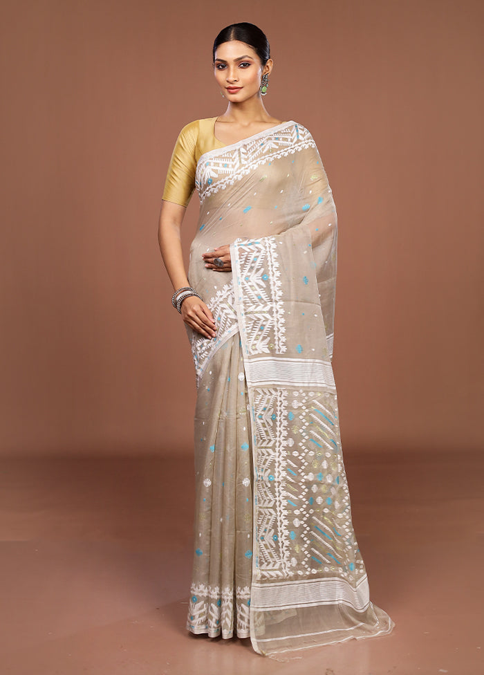 Grey Jamdani Cotton Saree Without Blouse Piece