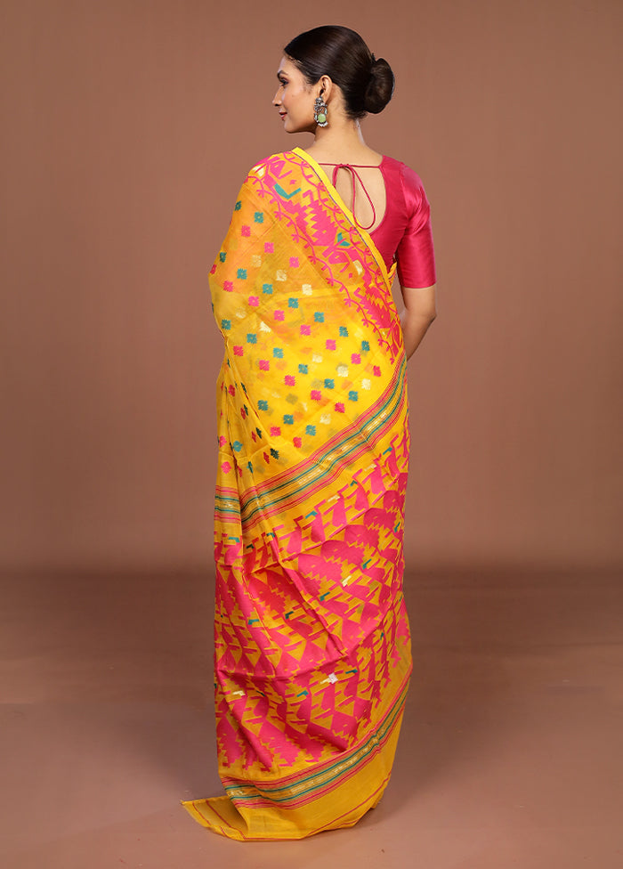 Yellow Jamdani Cotton Saree Without Blouse Piece
