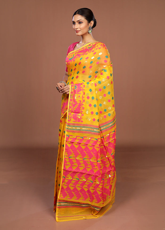 Yellow Jamdani Cotton Saree Without Blouse Piece