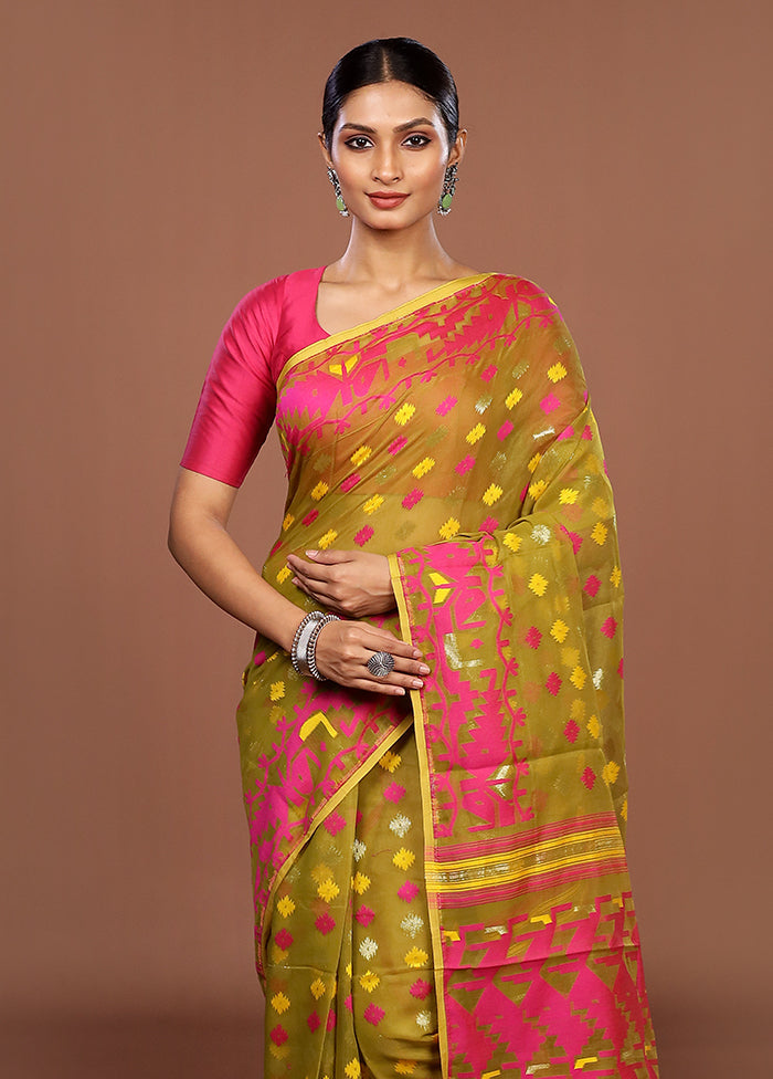 Green Jamdani Cotton Saree Without Blouse Piece