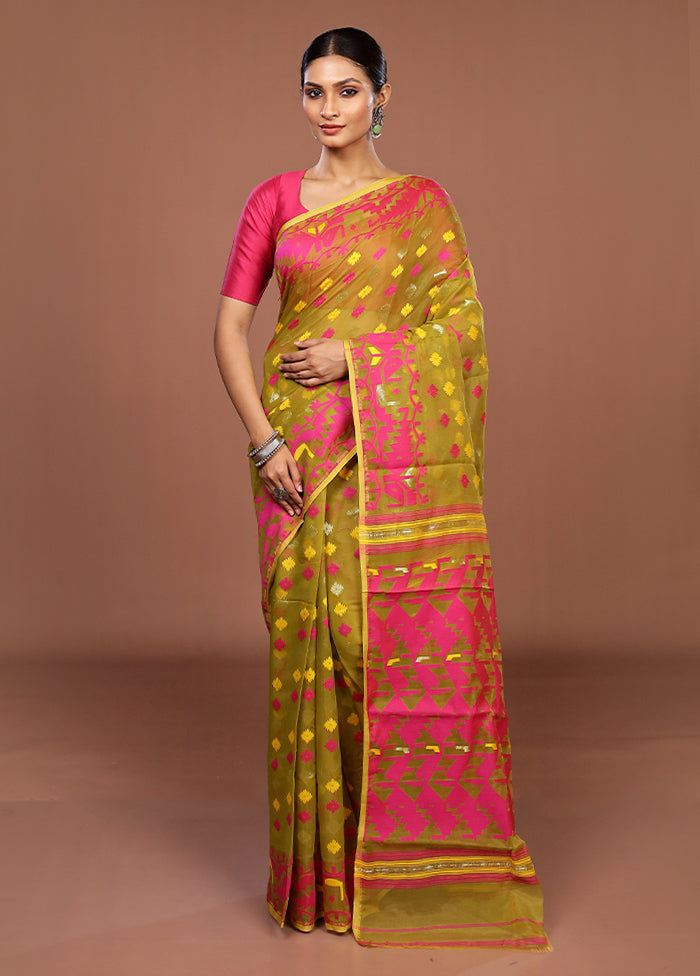 Green Jamdani Cotton Saree Without Blouse Piece