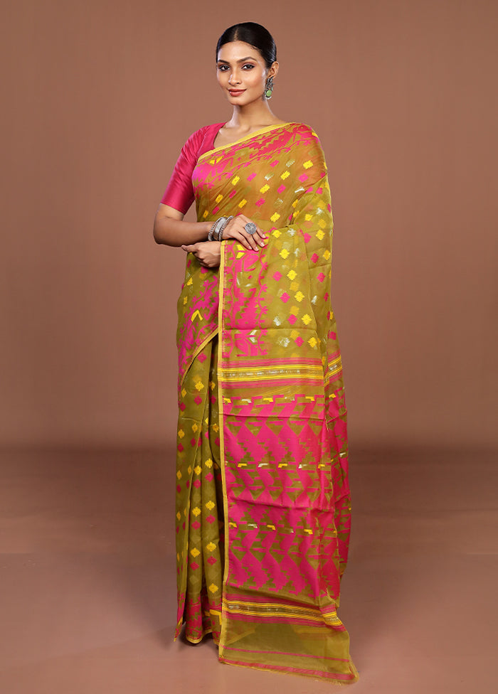 Green Jamdani Cotton Saree Without Blouse Piece