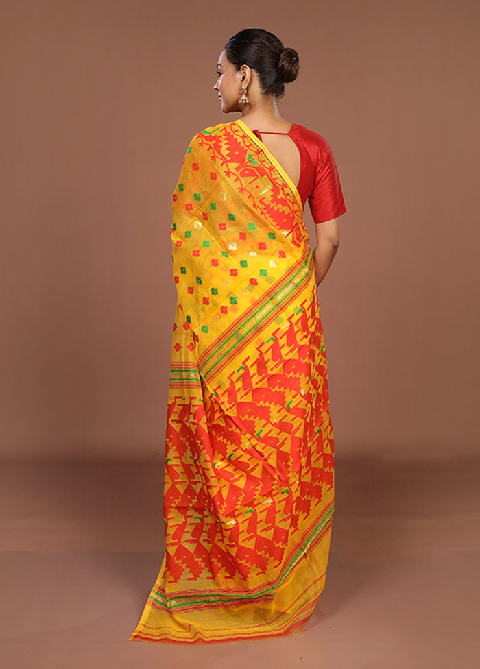 Yellow Jamdani Cotton Saree Without Blouse Piece