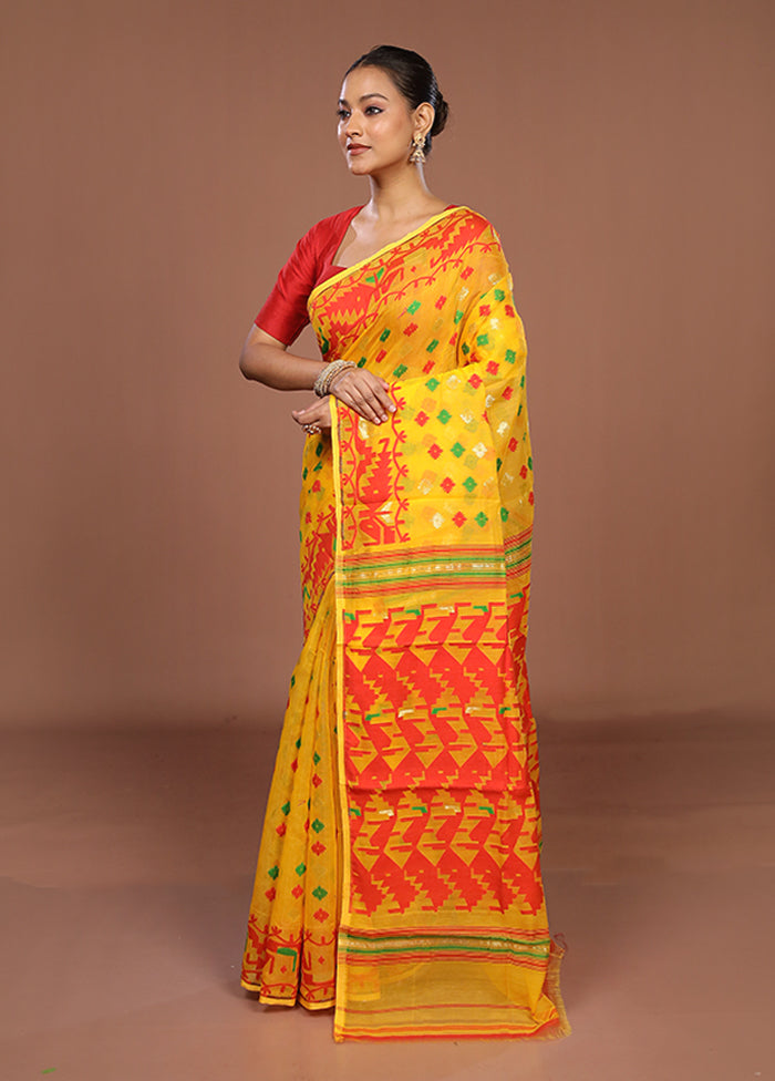 Yellow Jamdani Cotton Saree Without Blouse Piece