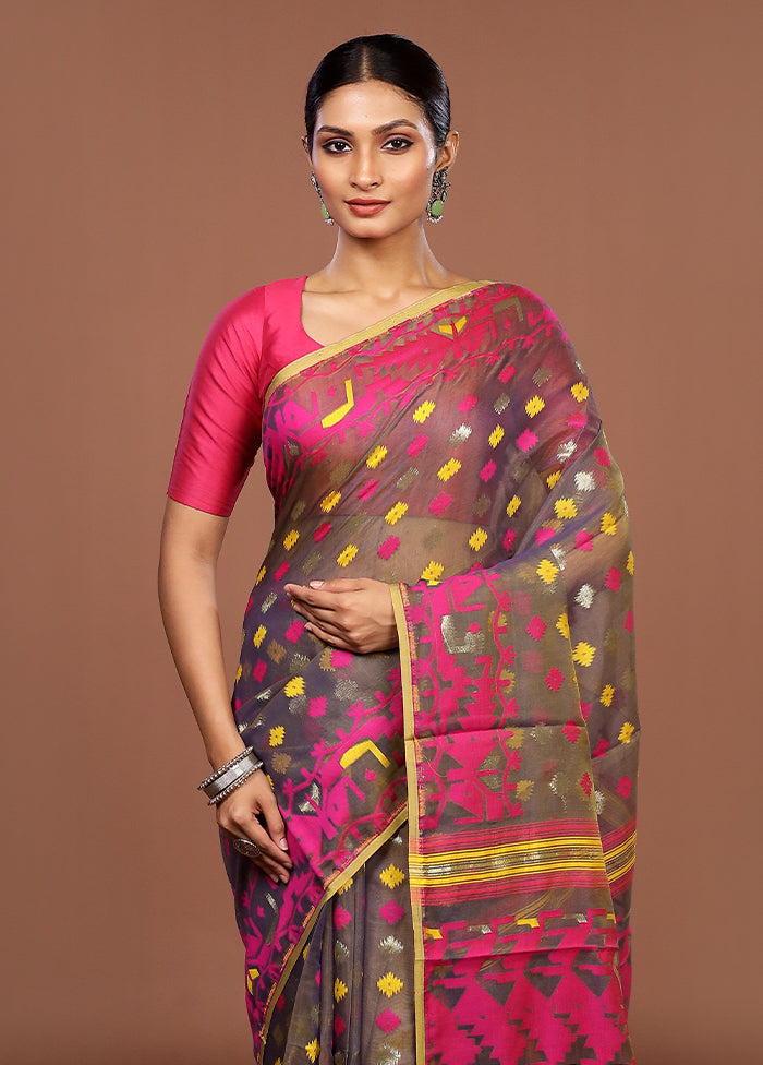 Blue Jamdani Cotton Saree Without Blouse Piece