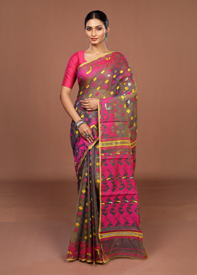 Blue Jamdani Cotton Saree Without Blouse Piece