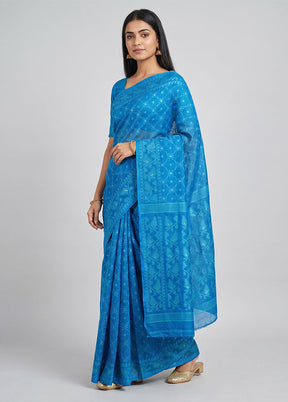 Blue Jamdani Cotton Saree Without Blouse Piece