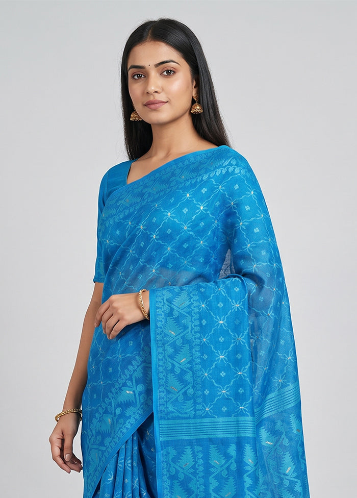 Blue Jamdani Cotton Saree Without Blouse Piece