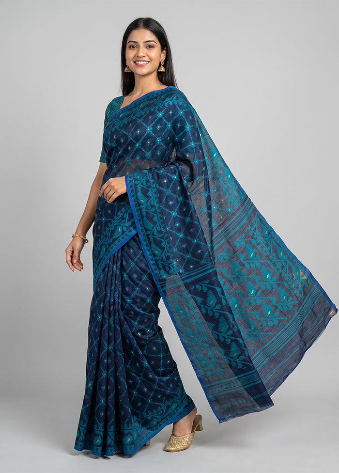 Blue Jamdani Cotton Saree Without Blouse Piece