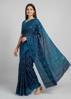 Blue Jamdani Cotton Saree Without Blouse Piece