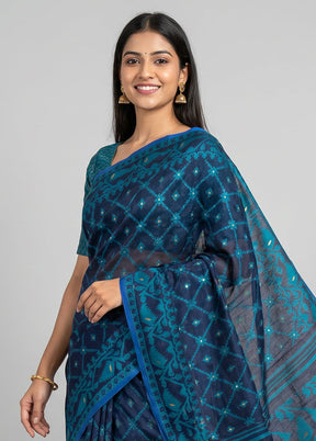 Blue Jamdani Cotton Saree Without Blouse Piece