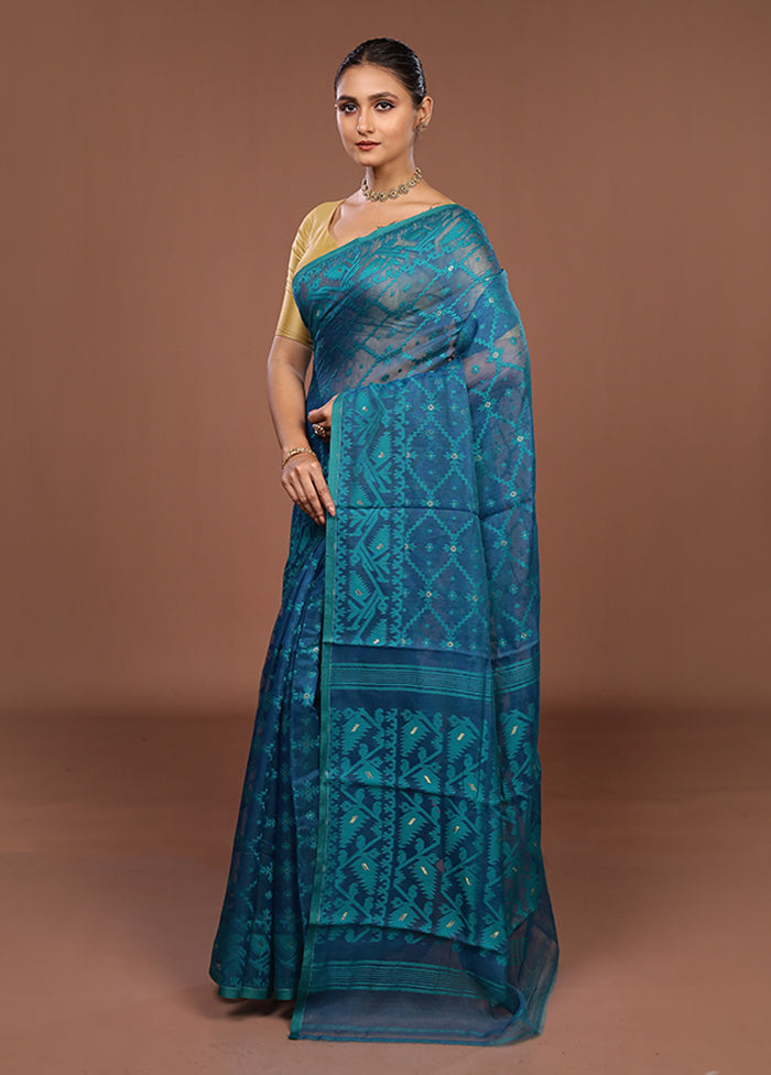 Blue Jamdani Cotton Saree Without Blouse Piece
