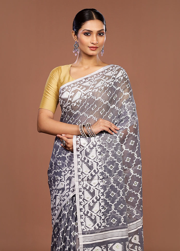 Grey Jamdani Cotton Saree Without Blouse Piece
