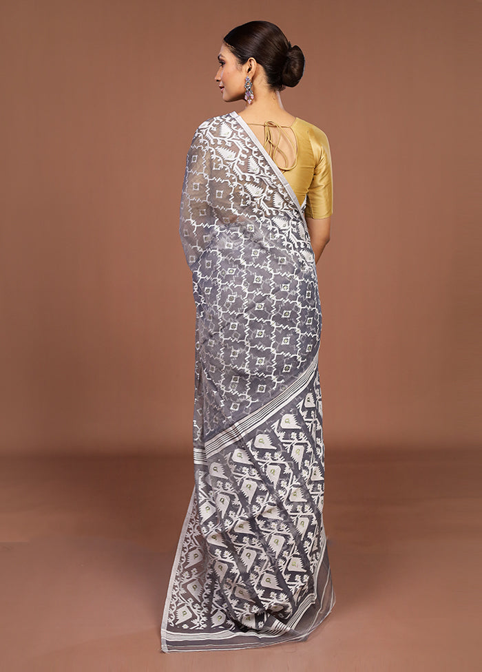 Grey Jamdani Cotton Saree Without Blouse Piece